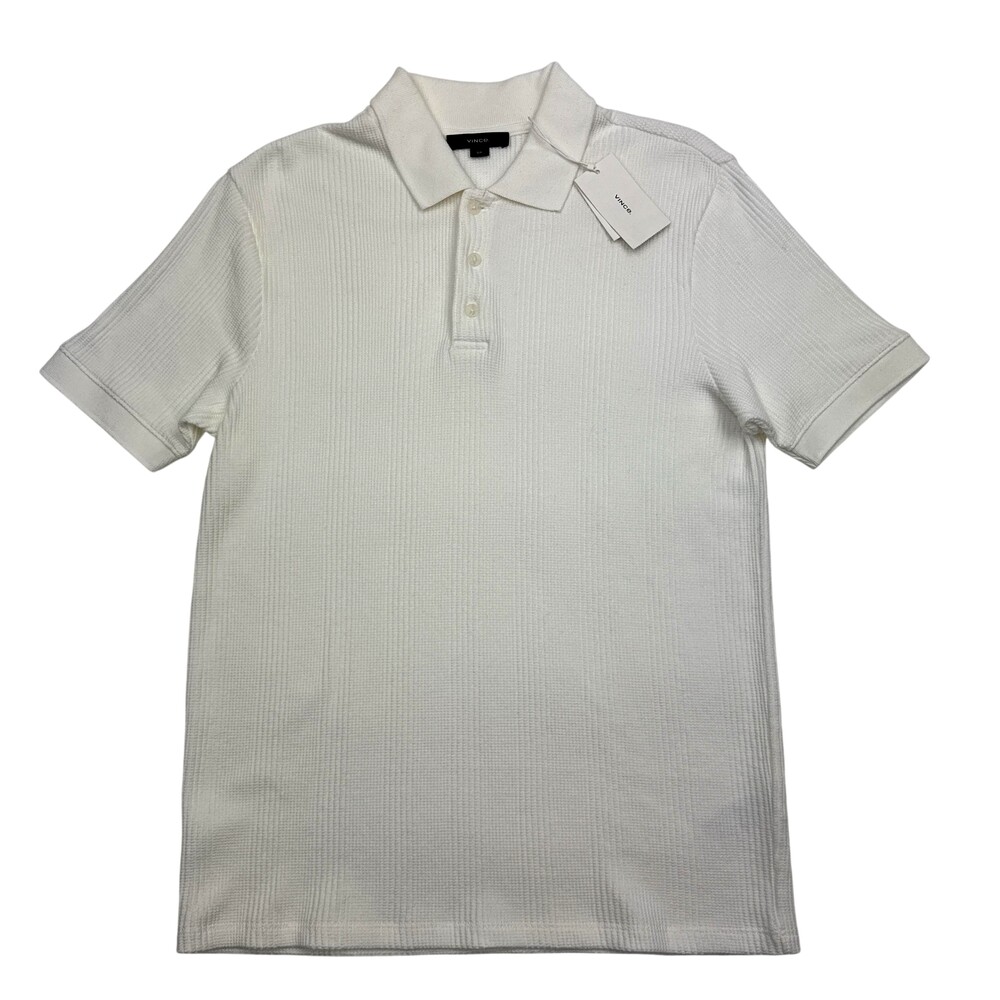Vince Variegated Cotton Polo Shirt Mens Small White Ribbed Knit Cotton Stretch